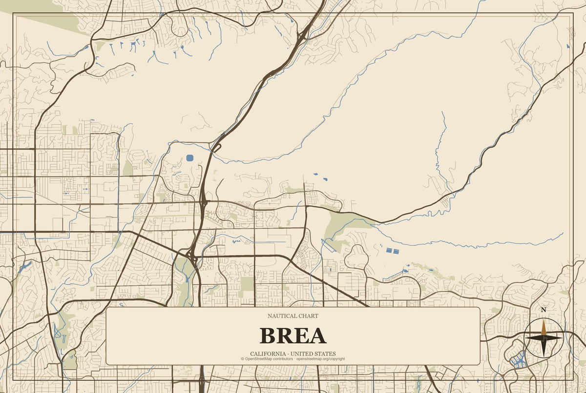 Brea, California City Map Aluminum Sign in Heritage Nautical style