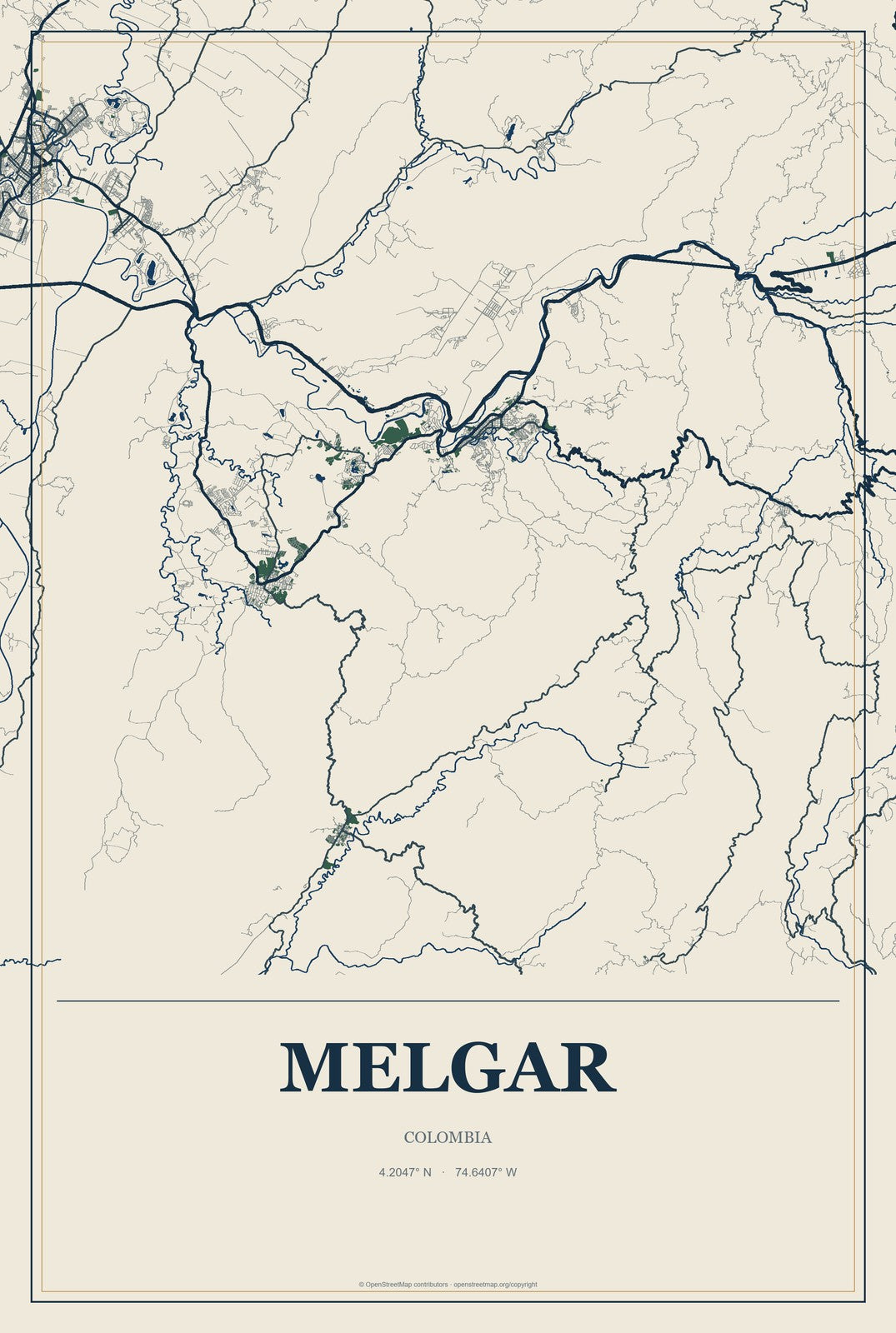 Melgar, Colombia City Map Aluminum Sign in Coastal Cutout style