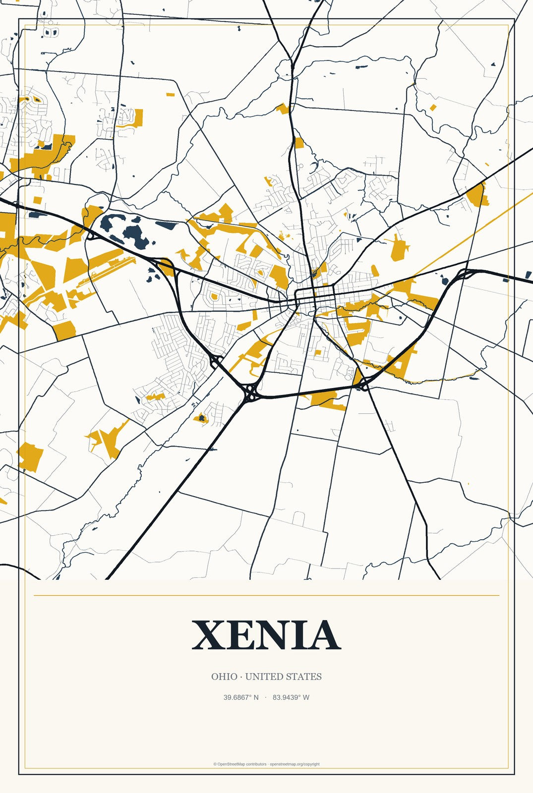 Xenia, Ohio City Map Aluminum Sign in Citrine Modern style