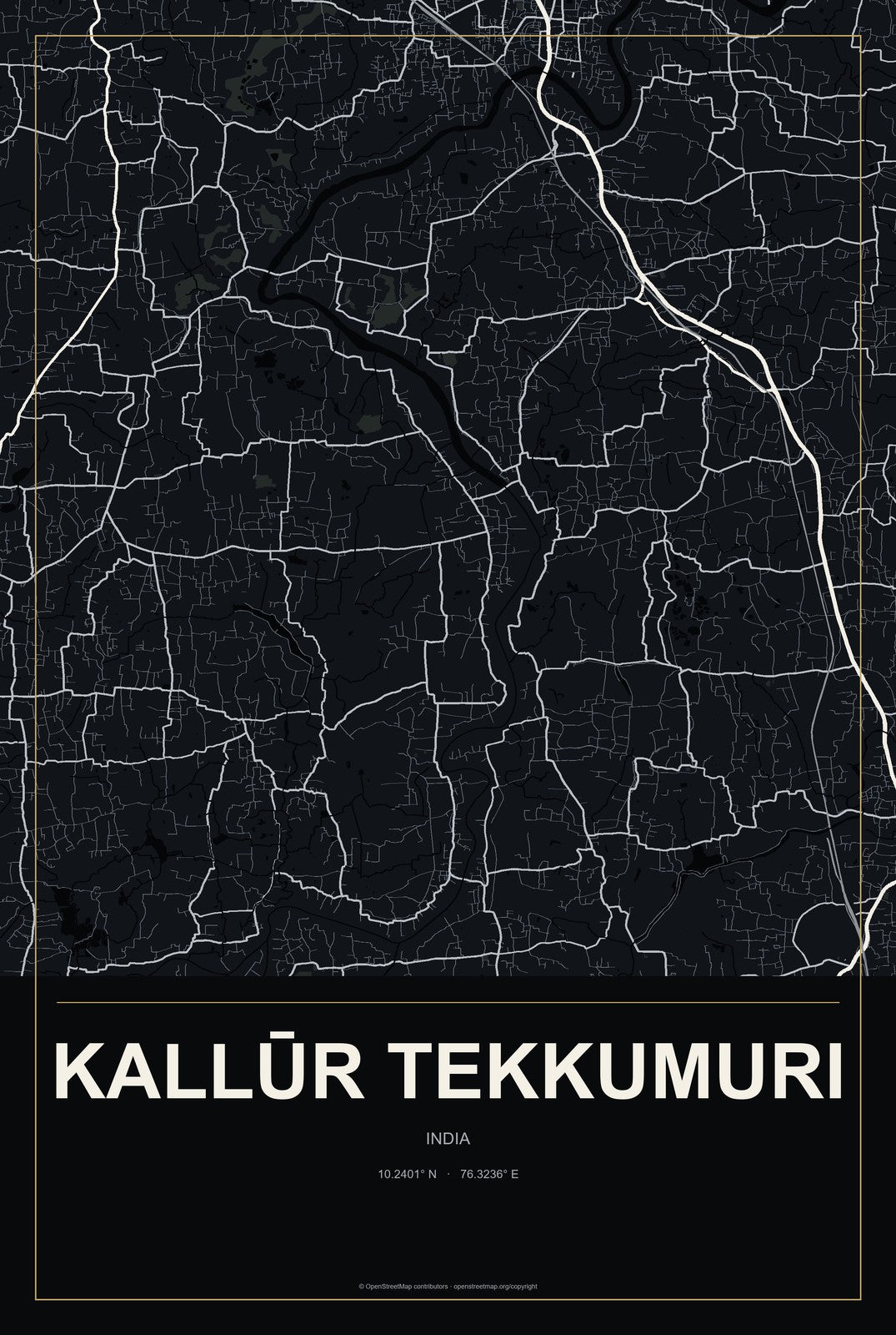Kallūr Tekkumuri, India City Map Aluminum Sign in Metropolitan Noir style