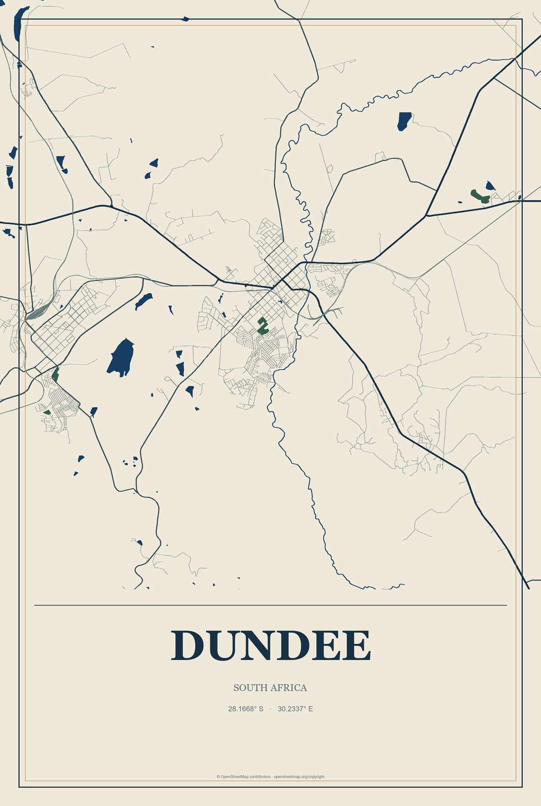 Dundee, South Africa City Map Aluminum Sign in Coastal Cutout style