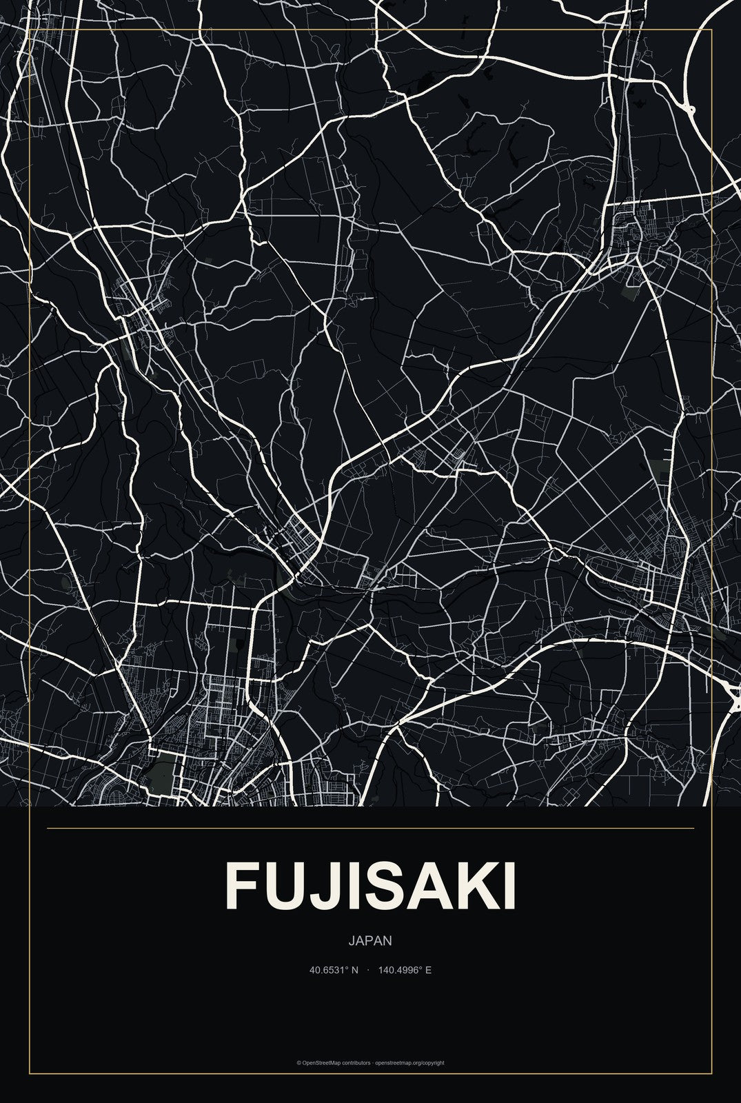 Fujisaki, Japan City Map Aluminum Sign in Metropolitan Noir style
