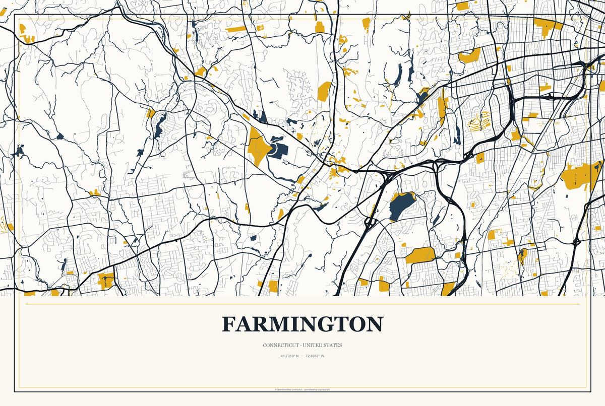 Farmington, Connecticut City Map Aluminum Sign in Citrine Modern style