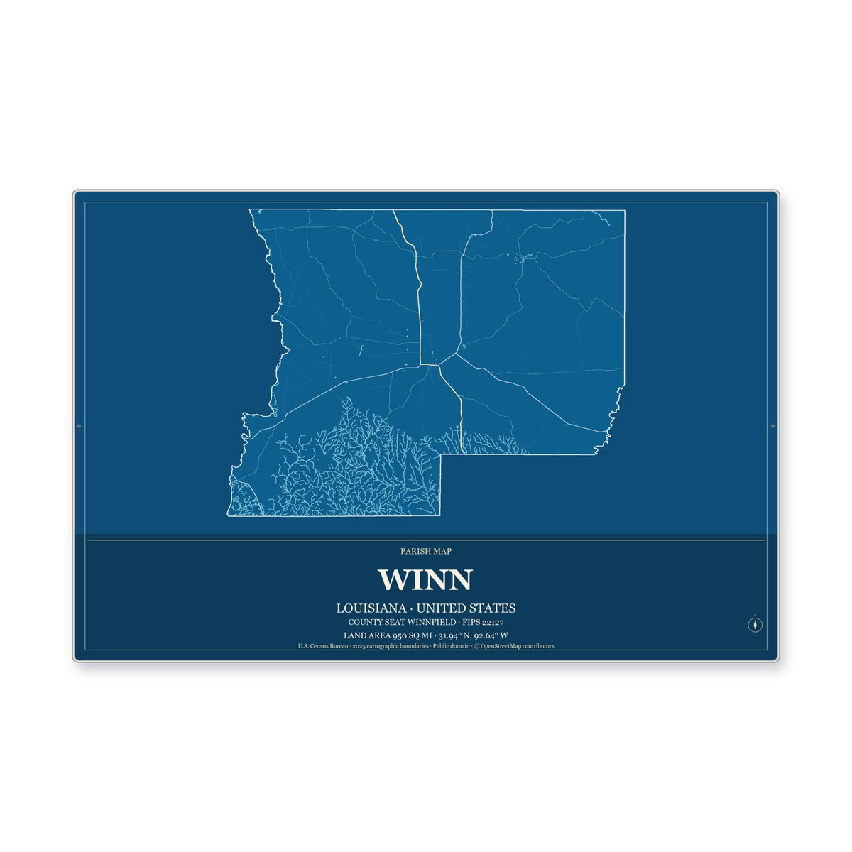 Winn Parish, Louisiana Map Aluminum Sign in Harbor Cobalt style