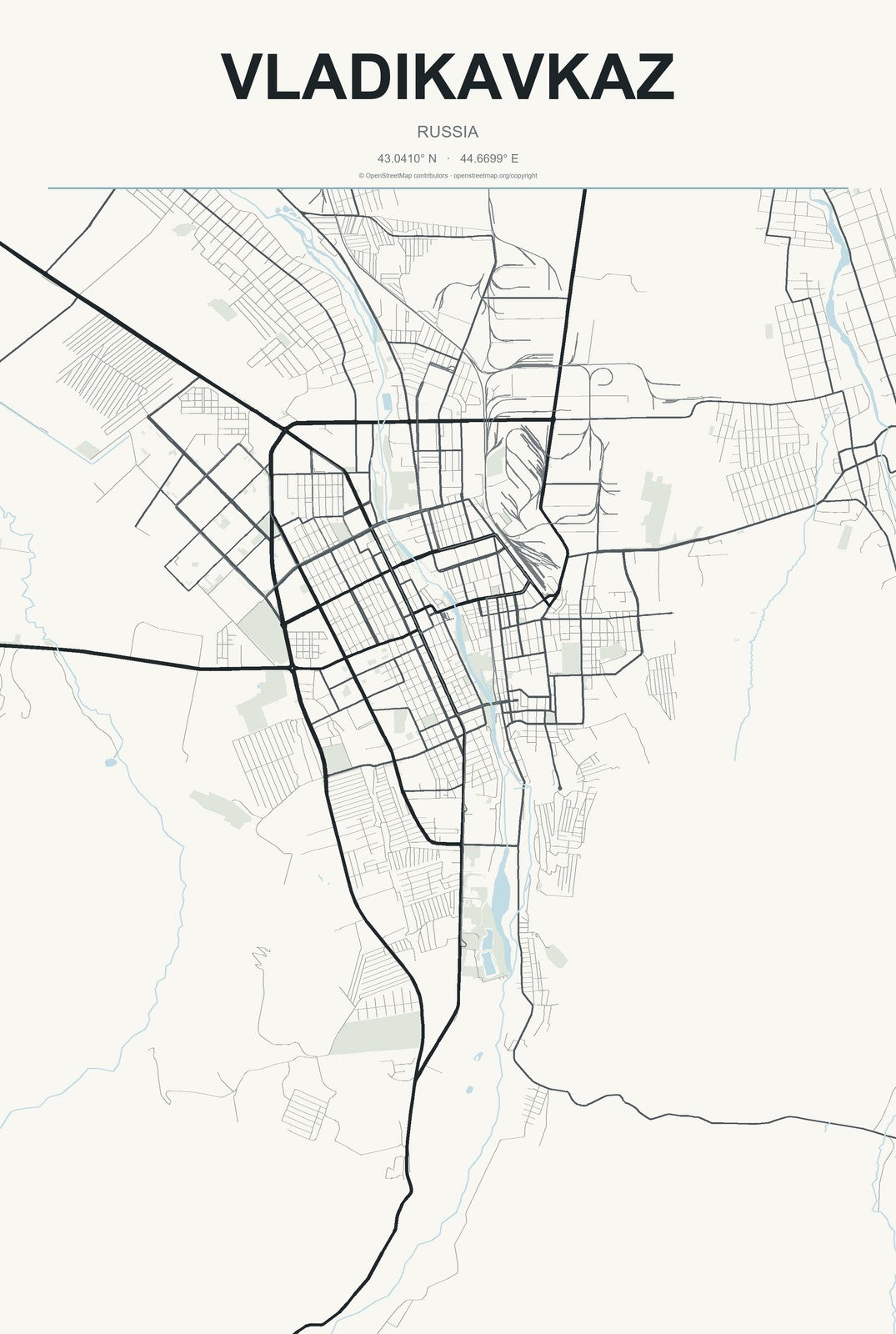 Vladikavkaz, Russia City Map Aluminum Sign in Headline Atlas style