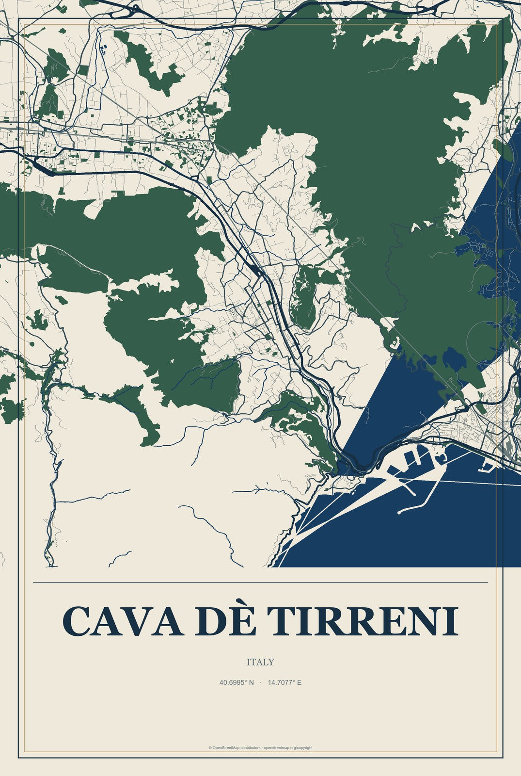 Cava Dè Tirreni, Italy City Map Aluminum Sign in Coastal Cutout style