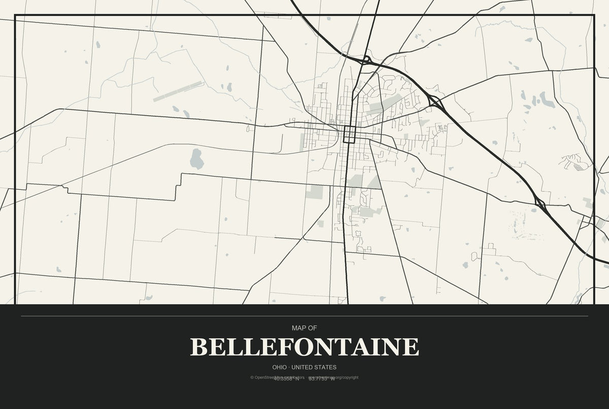 Bellefontaine, Ohio City Map Aluminum Sign in Museum Plaque style