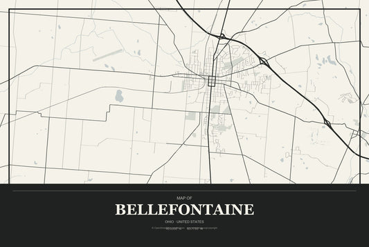 Bellefontaine, Ohio City Map Aluminum Sign in Museum Plaque style