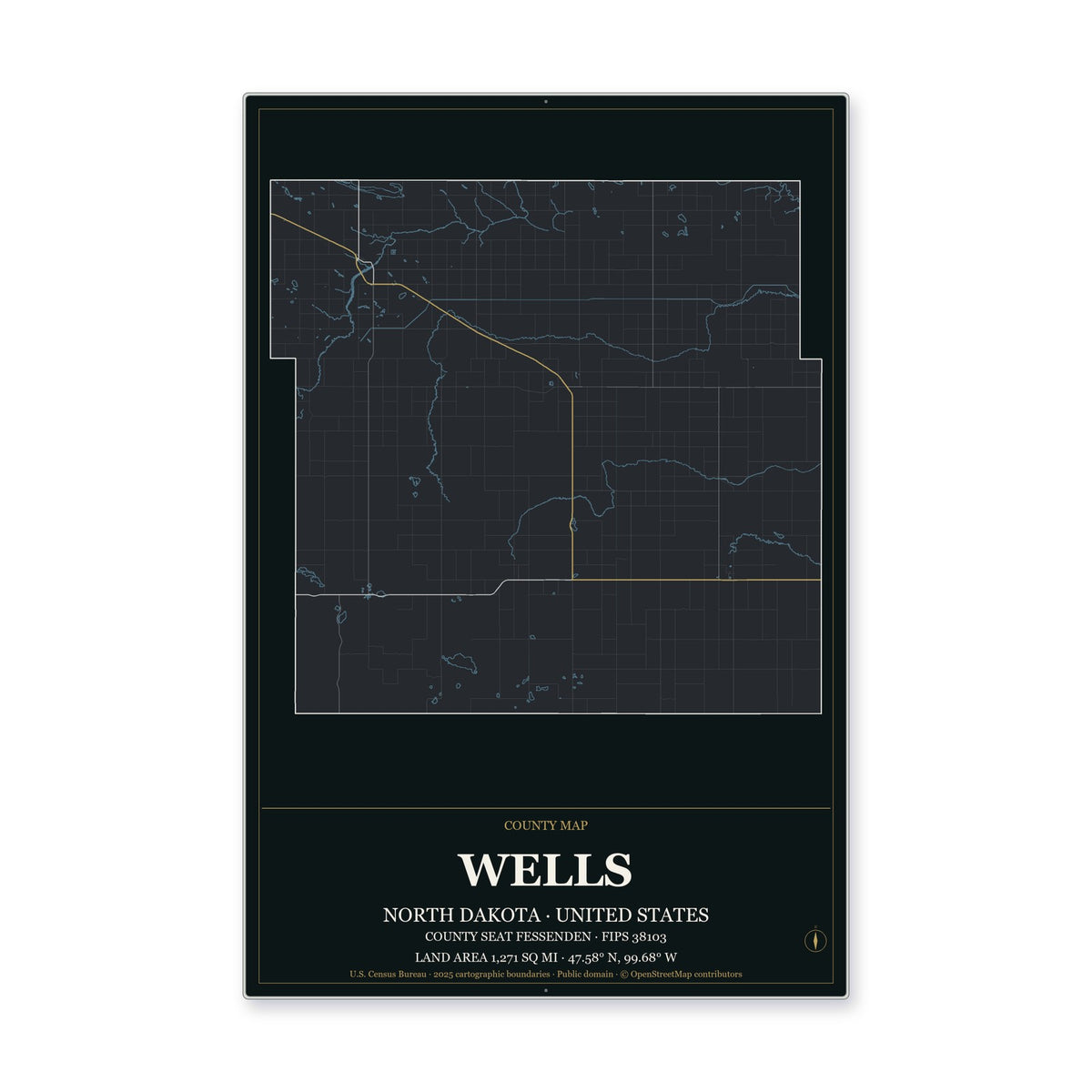 Wells County, North Dakota Map Aluminum Sign in Metropolitan Noir style