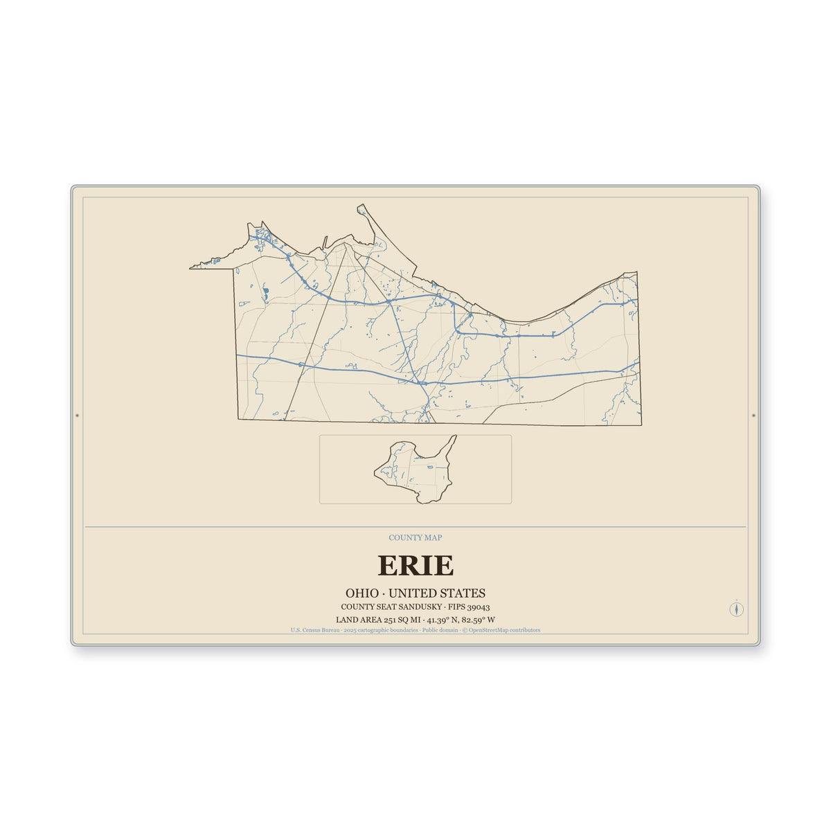 Erie County, Ohio Map Aluminum Sign in Heritage Nautical style