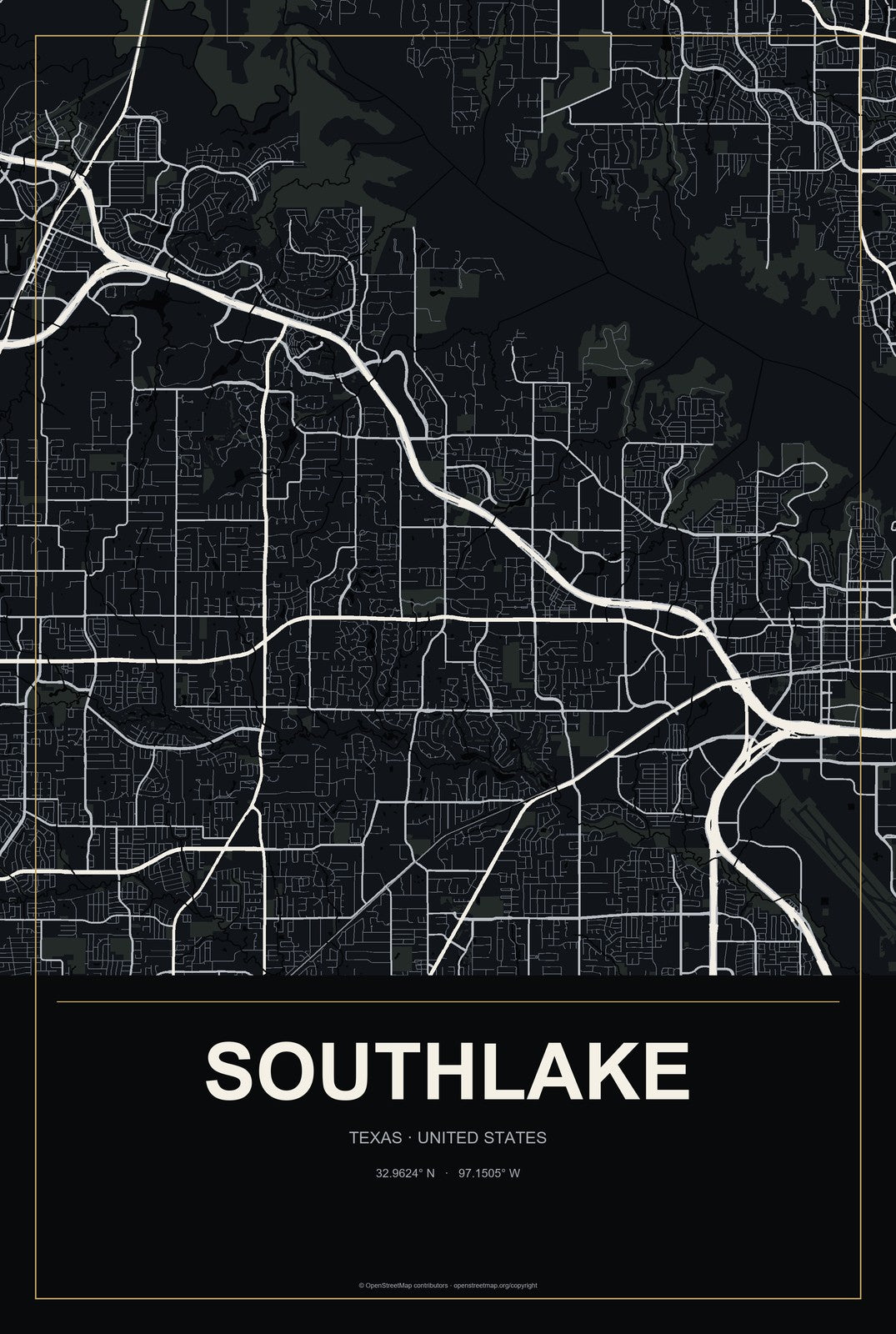 Southlake, Texas City Map Aluminum Sign in Metropolitan Noir style