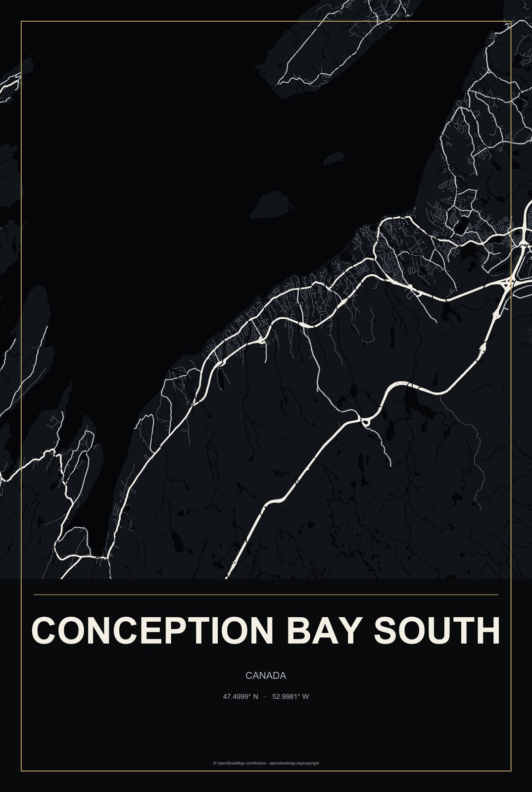 Conception Bay South, Canada City Map Aluminum Sign in Metropolitan Noir style