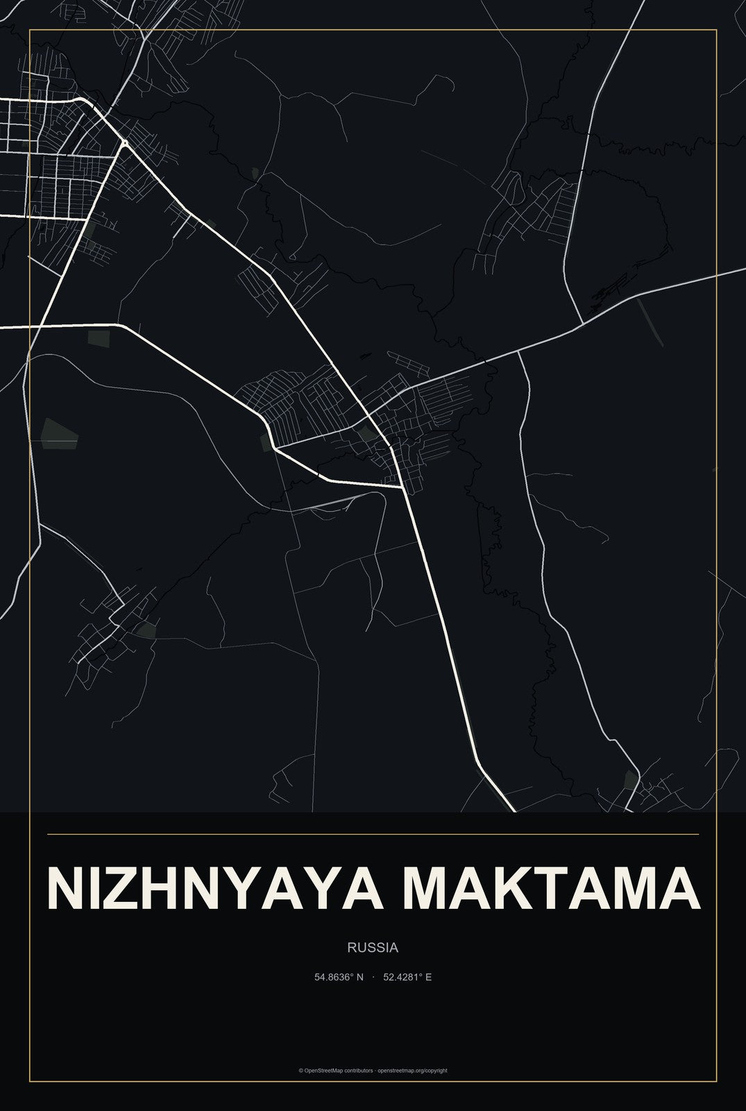 Nizhnyaya Maktama, Russia City Map Aluminum Sign in Metropolitan Noir style