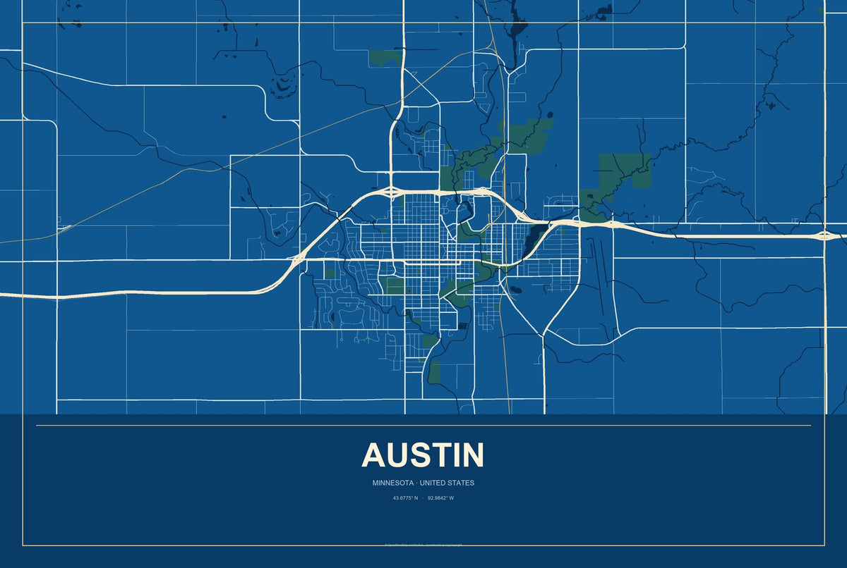 Austin, Minnesota City Map Aluminum Sign in Harbor Cobalt style
