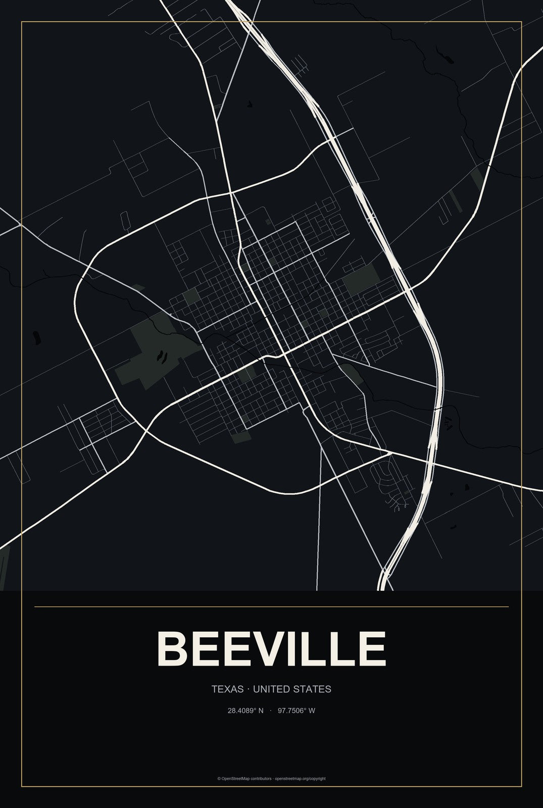 Beeville, Texas City Map Aluminum Sign in Metropolitan Noir style