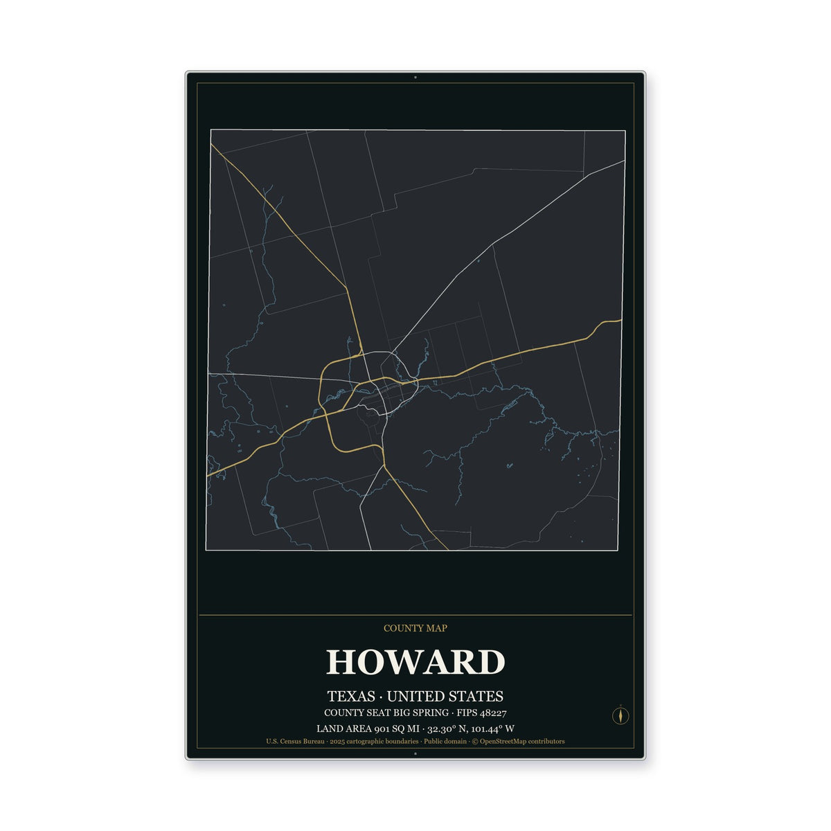 Howard County, Texas Map Aluminum Sign in Metropolitan Noir style