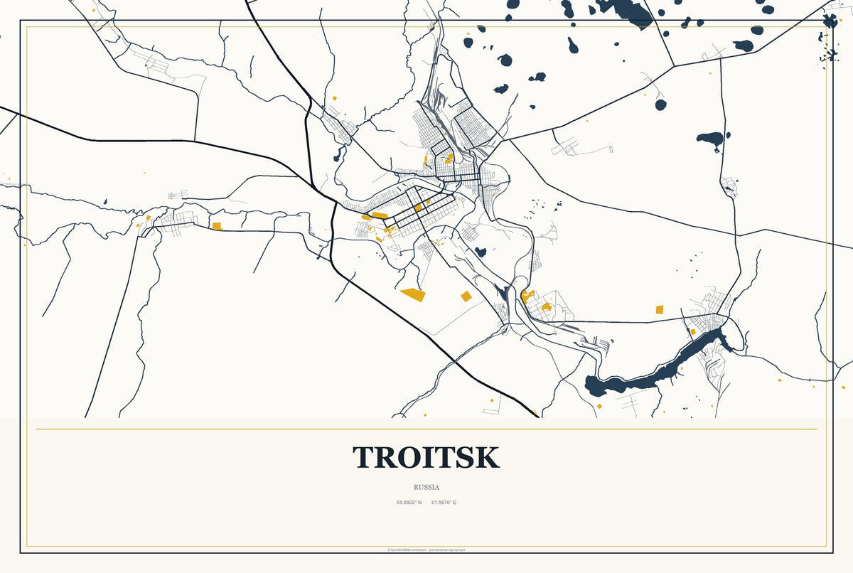 Troitsk, Moscow, Russia City Map Aluminum Sign in Citrine Modern style