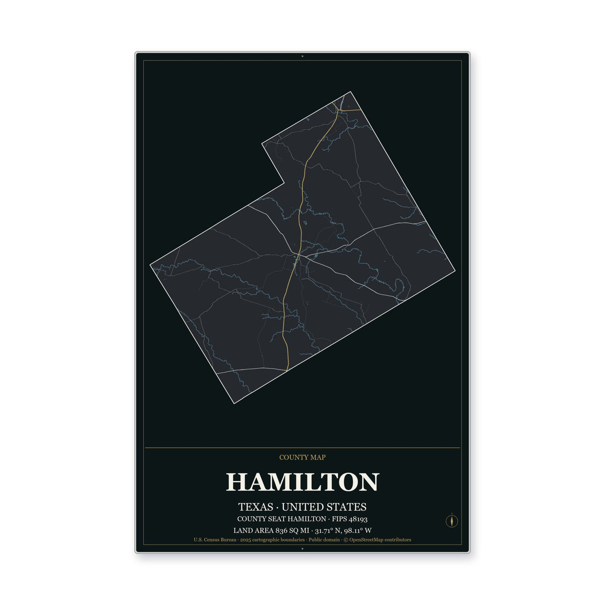 Hamilton County, Texas Map Aluminum Sign in Metropolitan Noir style
