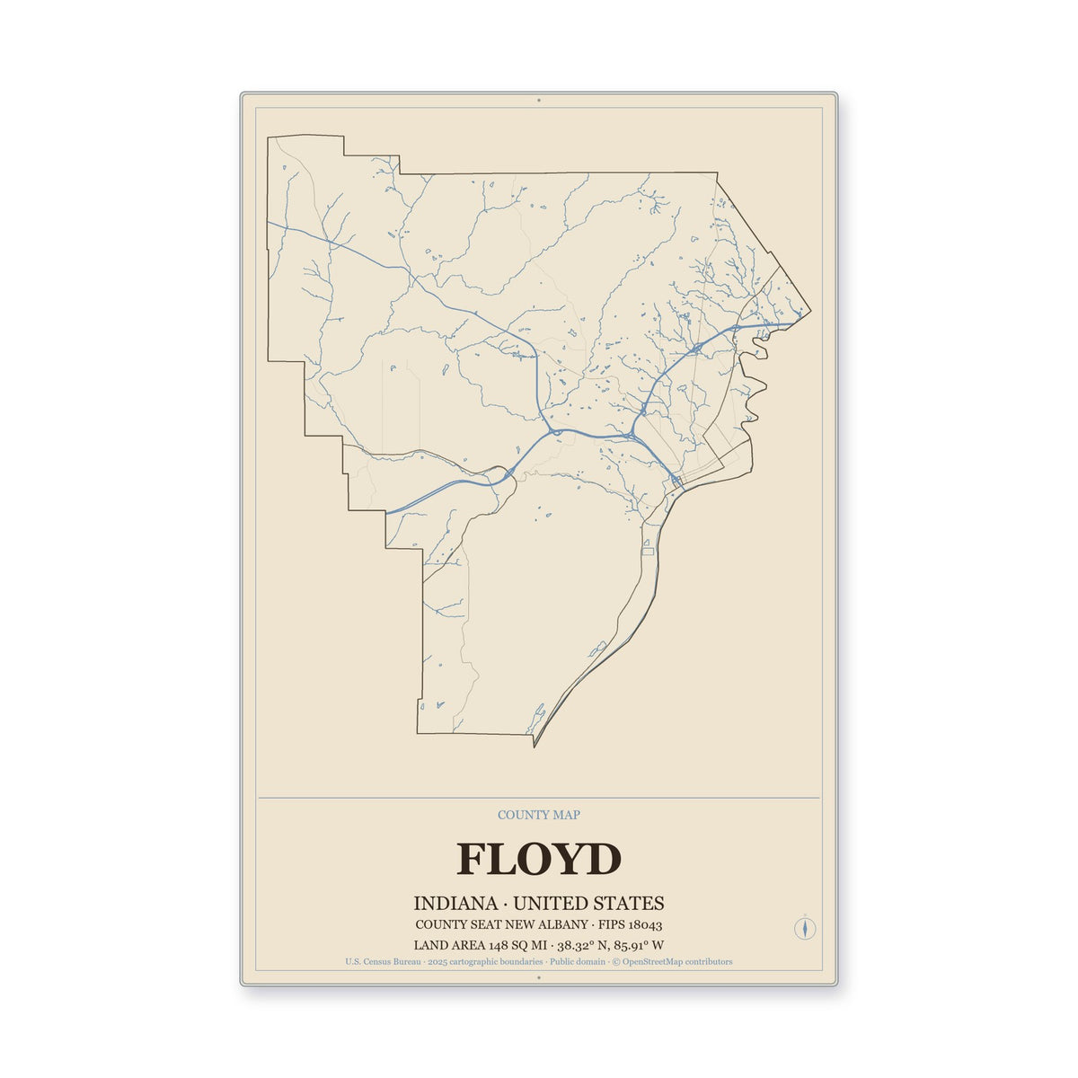 Floyd County, Indiana Map Aluminum Sign in Heritage Nautical style