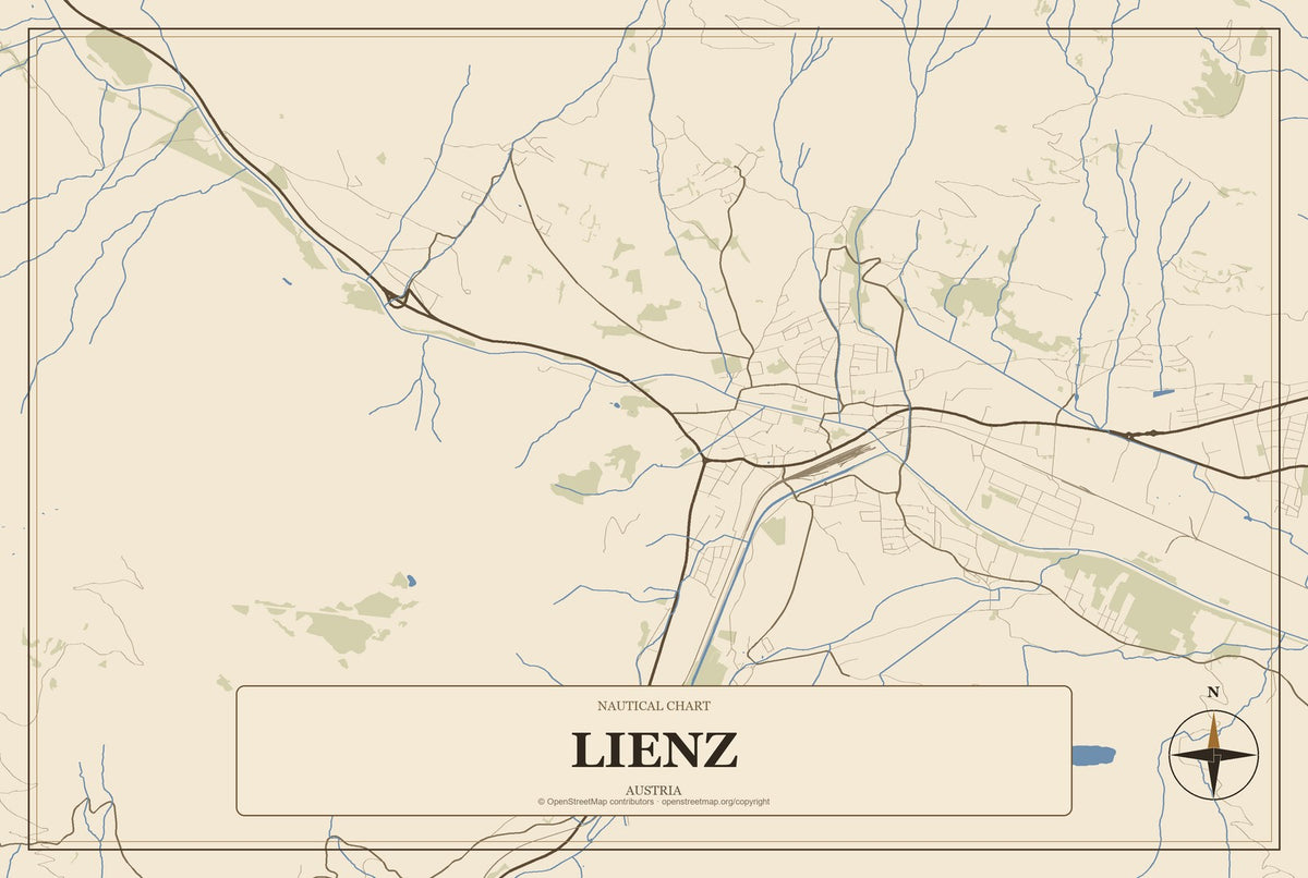 Lienz, Austria City Map Aluminum Sign in Heritage Nautical style