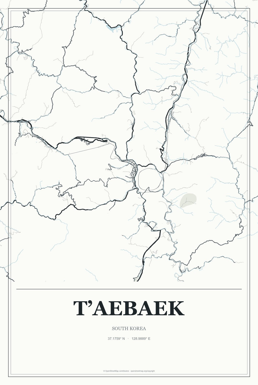T’aebaek, South Korea City Map Aluminum Sign in Gallery Air style