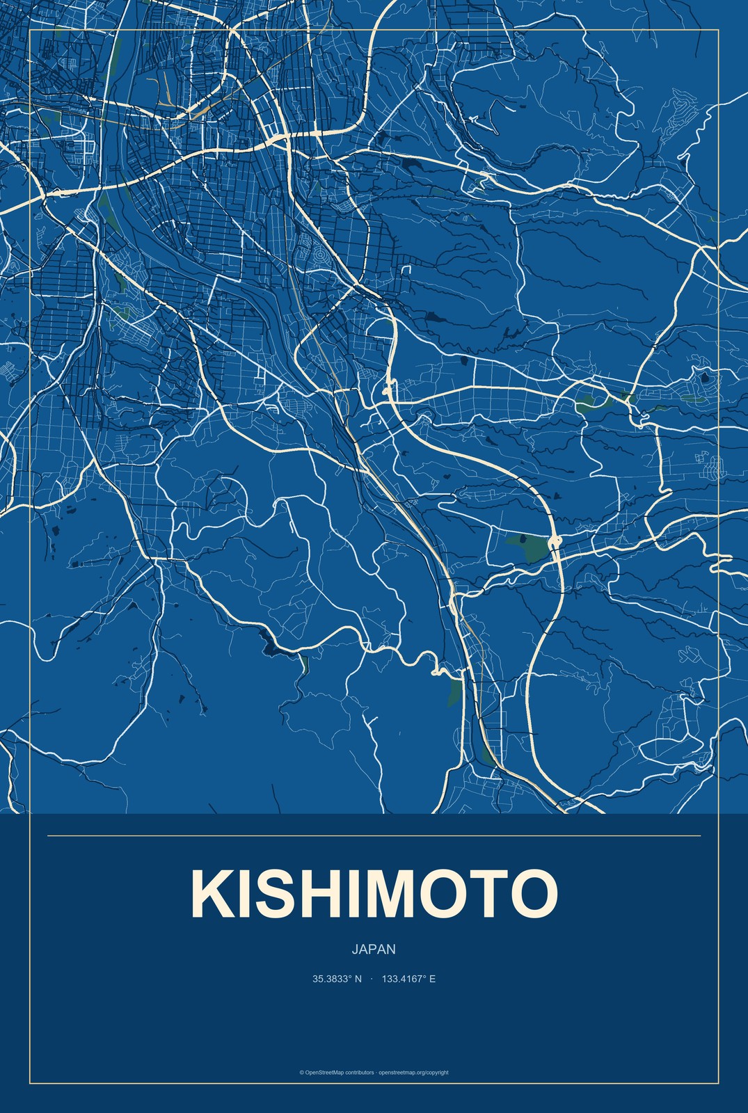 Kishimoto, Japan City Map Aluminum Sign in Harbor Cobalt style