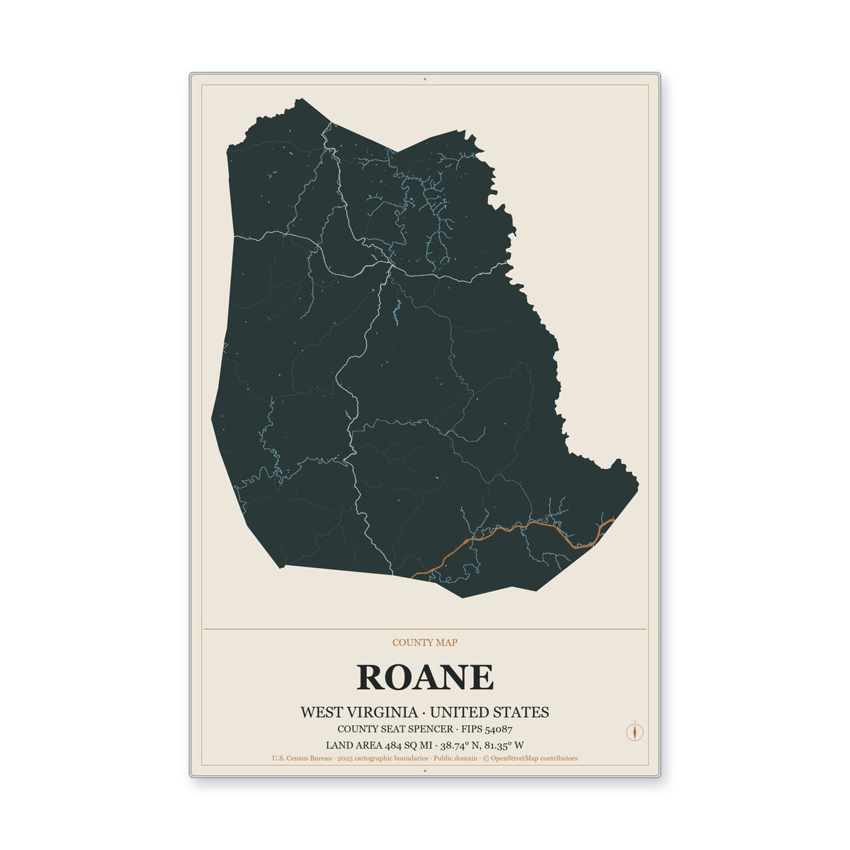 Roane County, West Virginia Map Aluminum Sign in Headline Atlas style