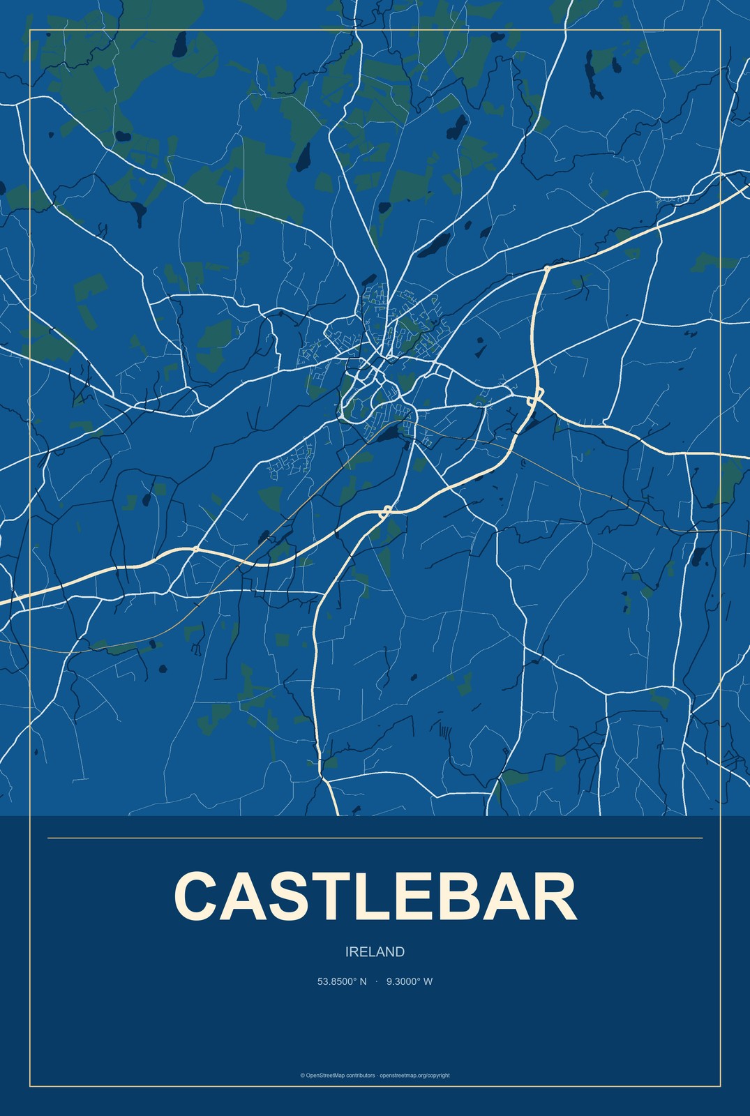 Castlebar, Ireland City Map Aluminum Sign in Harbor Cobalt style