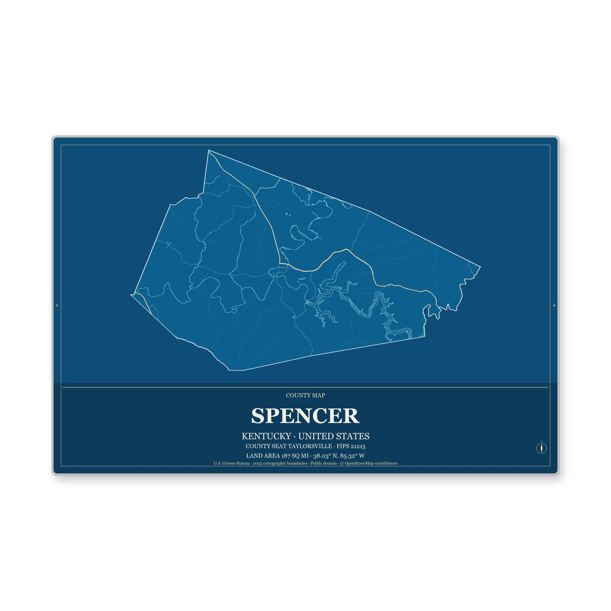 Spencer County, Kentucky Map Aluminum Sign in Harbor Cobalt style