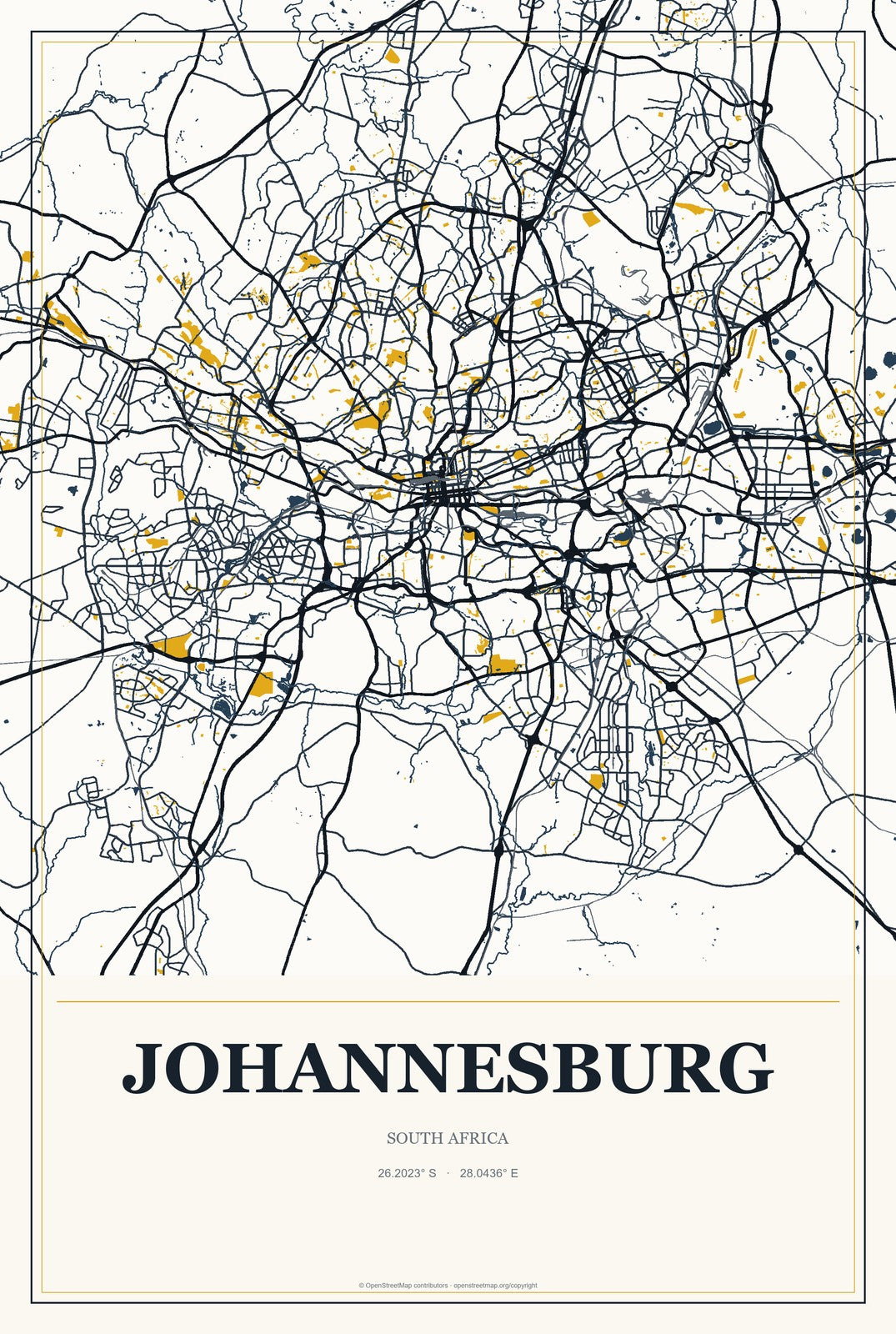 Johannesburg, South Africa City Map Aluminum Sign in Citrine Modern style