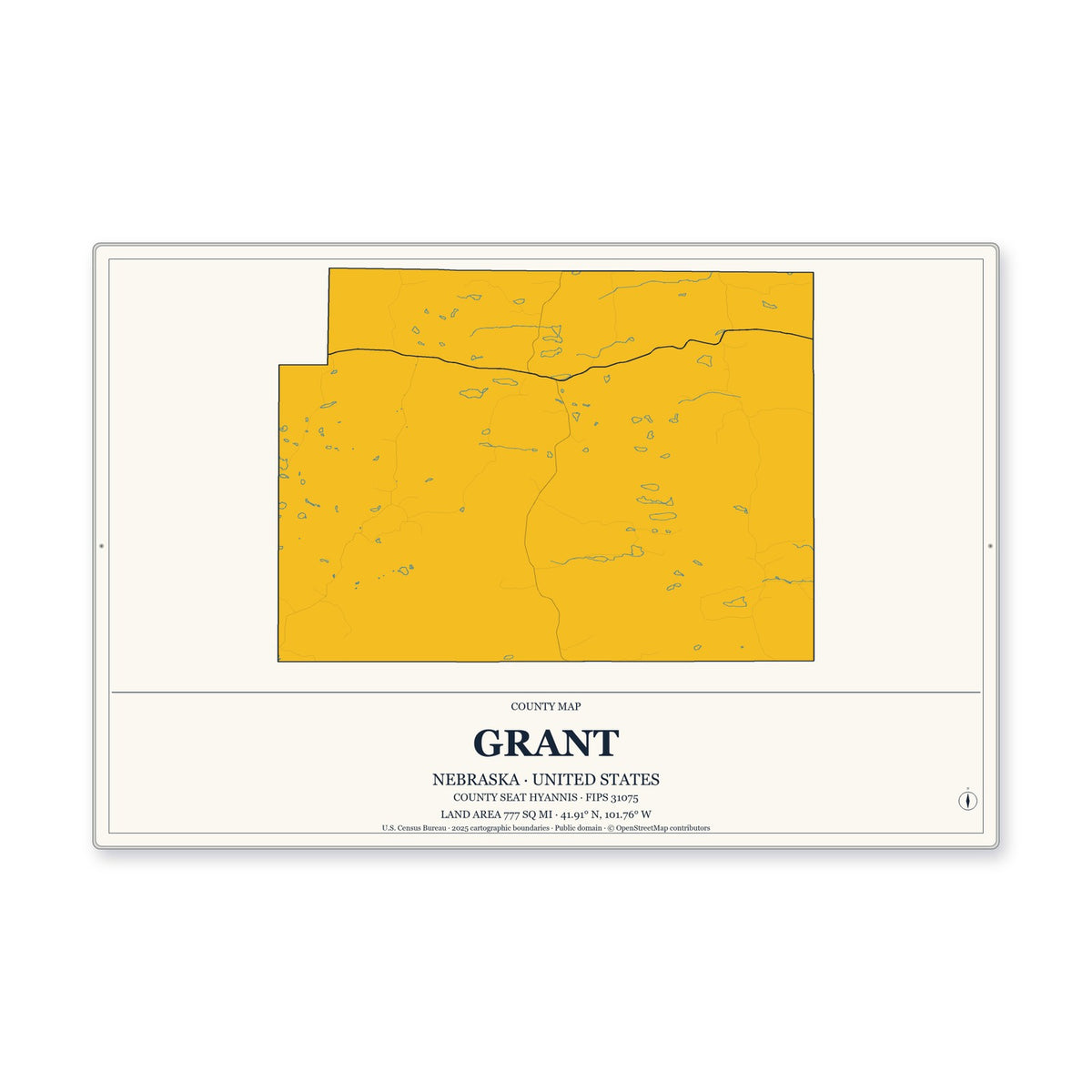 Grant County, Nebraska Map Aluminum Sign in Citrine Modern style