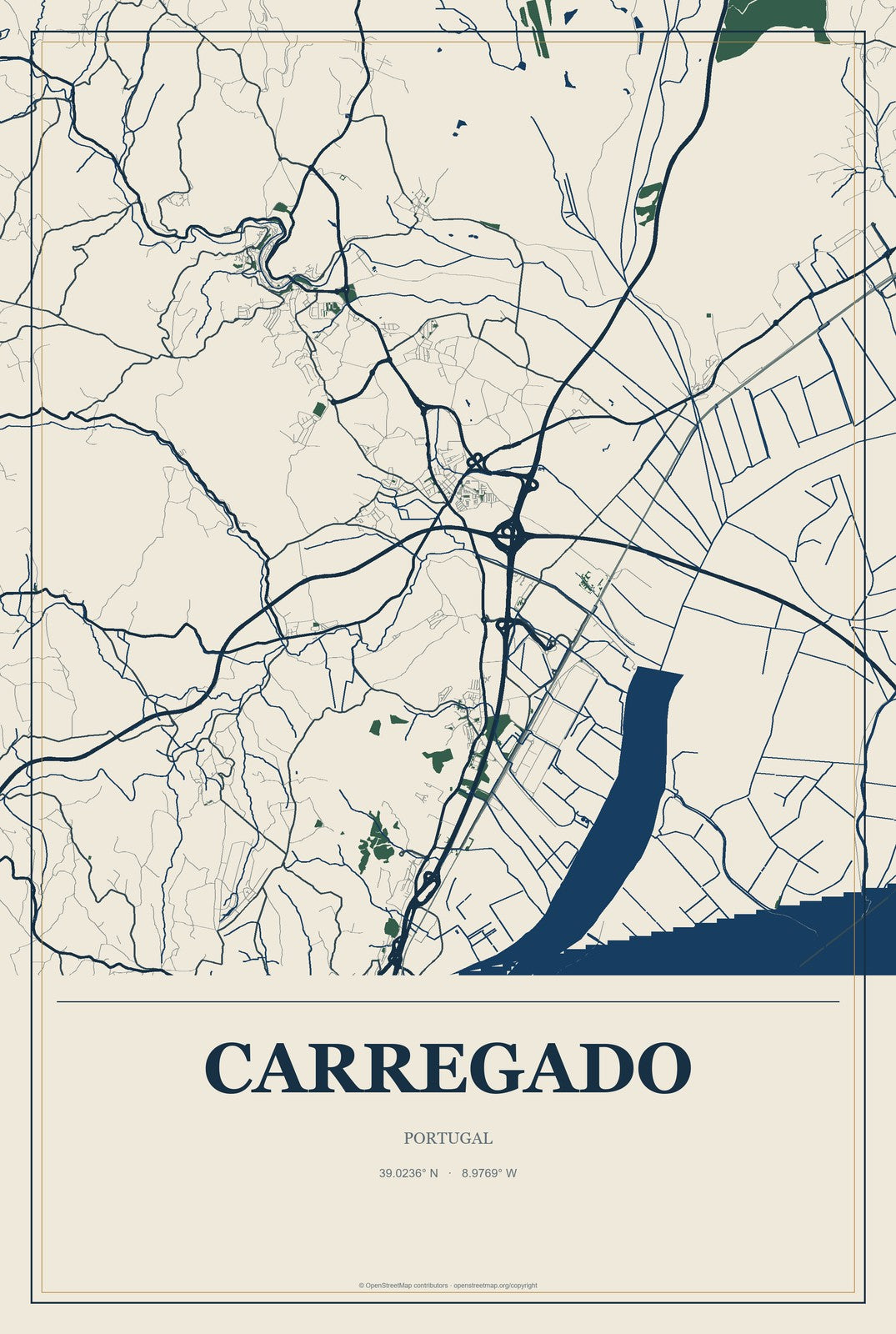 Carregado, Portugal City Map Aluminum Sign in Coastal Cutout style