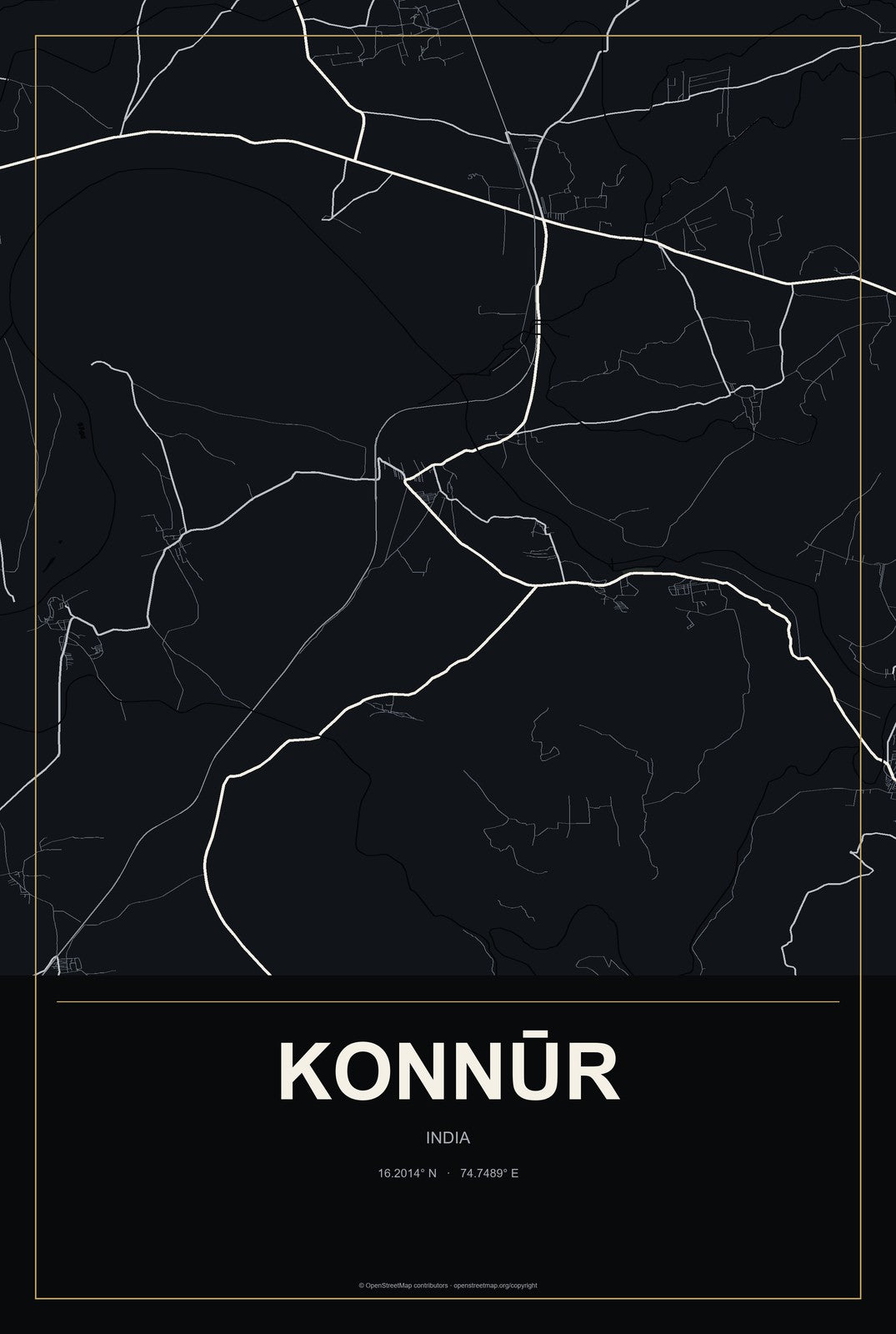 Konnūr, India City Map Aluminum Sign in Metropolitan Noir style