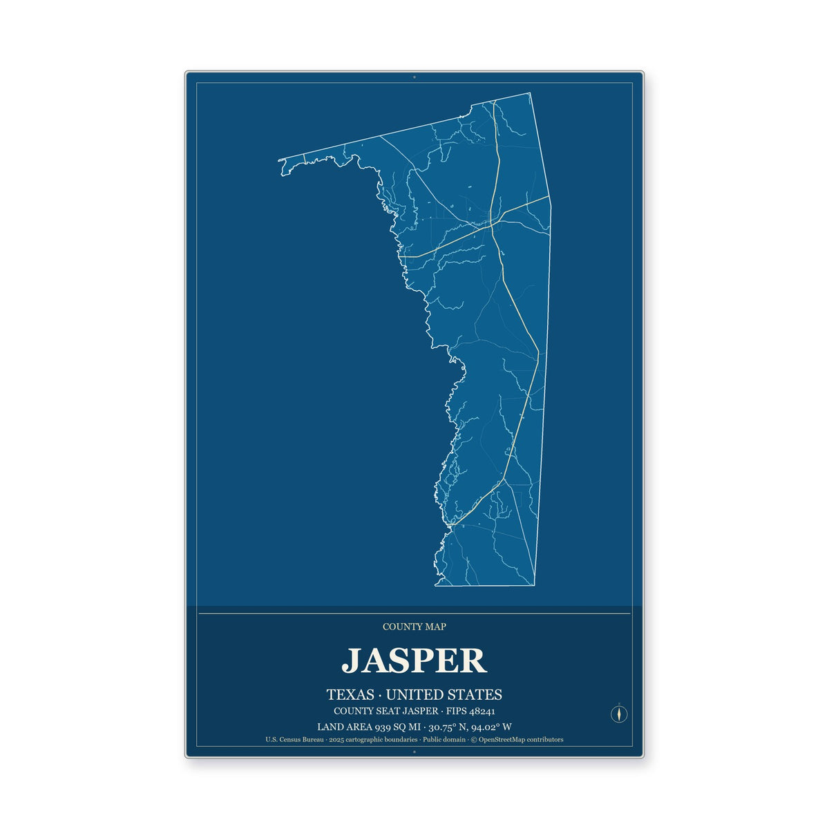 Jasper County, Texas Map Aluminum Sign in Harbor Cobalt style