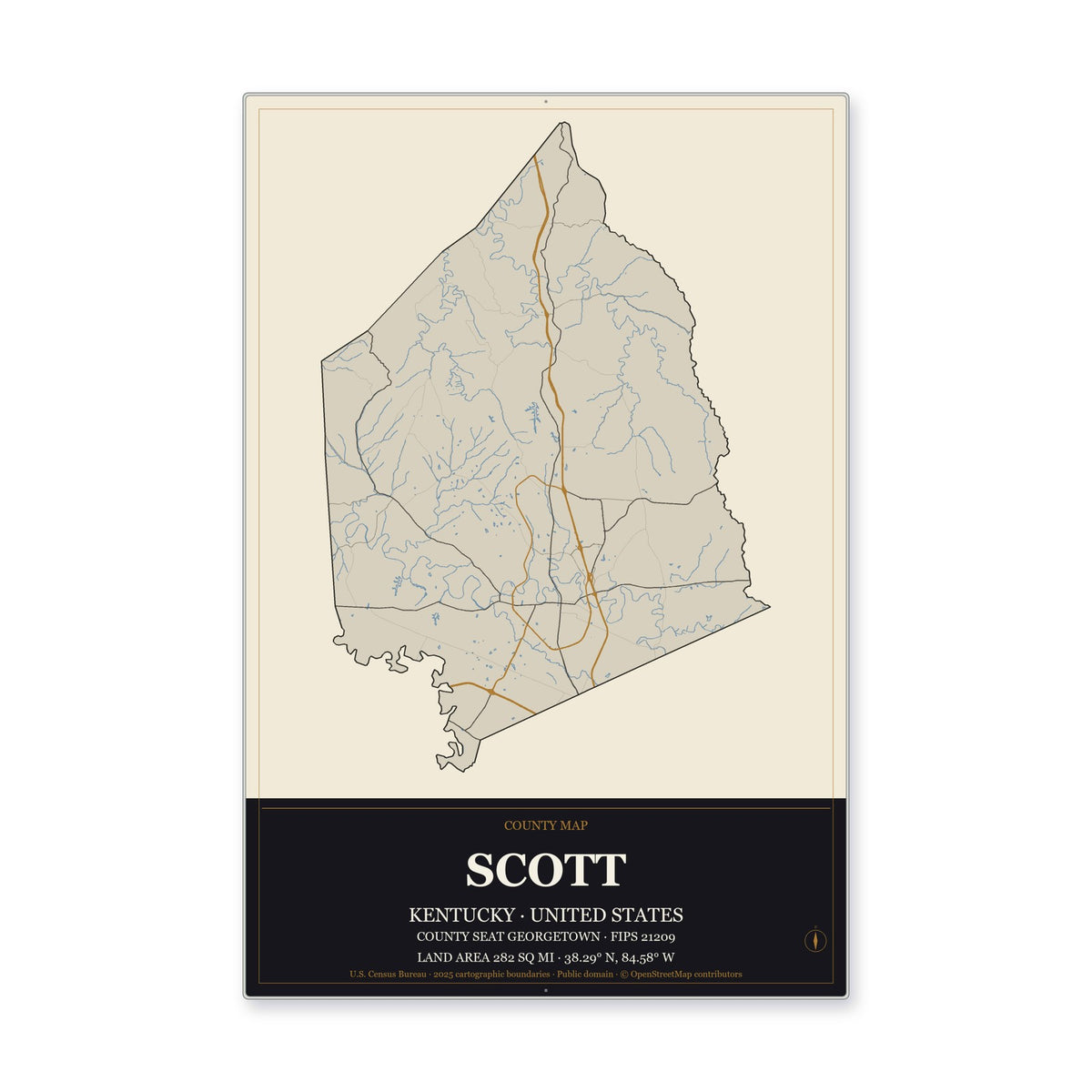 Scott County, Kentucky Map Aluminum Sign in Museum Plaque style