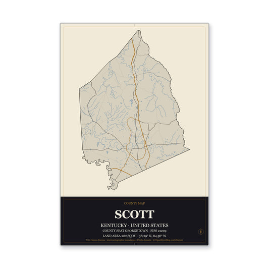 Scott County, Kentucky Map Aluminum Sign in Museum Plaque style