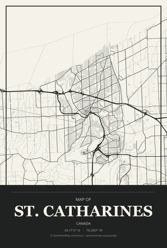 St. Catharines, Canada City Map Aluminum Sign in Museum Plaque style