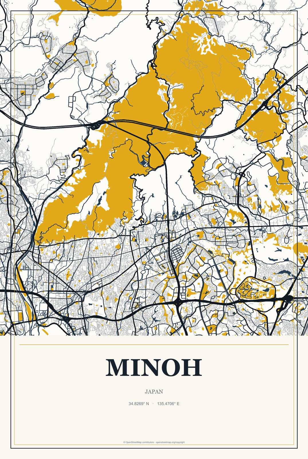 Minoh, Japan City Map Aluminum Sign in Citrine Modern style