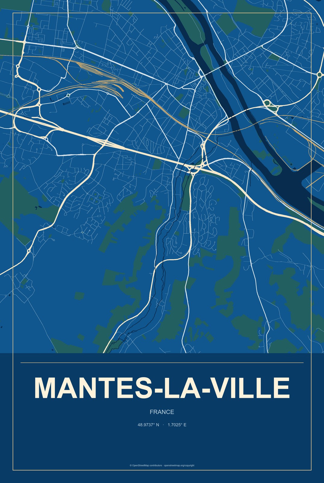 Mantes-la-Ville, France City Map Aluminum Sign in Harbor Cobalt style