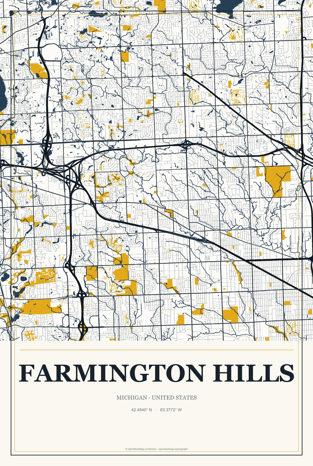 Farmington Hills, Michigan City Map Aluminum Sign in Citrine Modern style