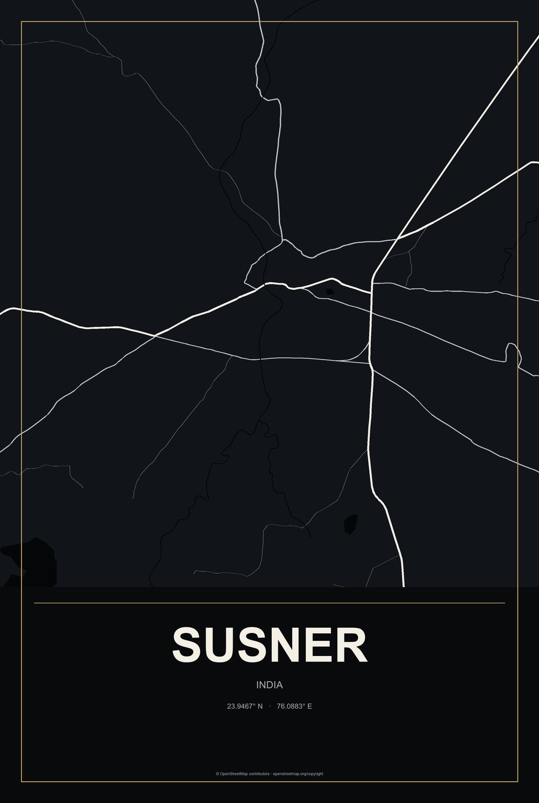 Susner, India City Map Aluminum Sign in Metropolitan Noir style
