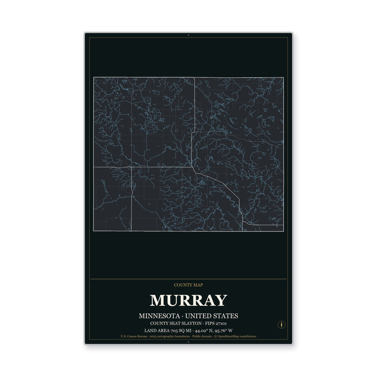 Murray County, Minnesota Map Aluminum Sign in Metropolitan Noir style