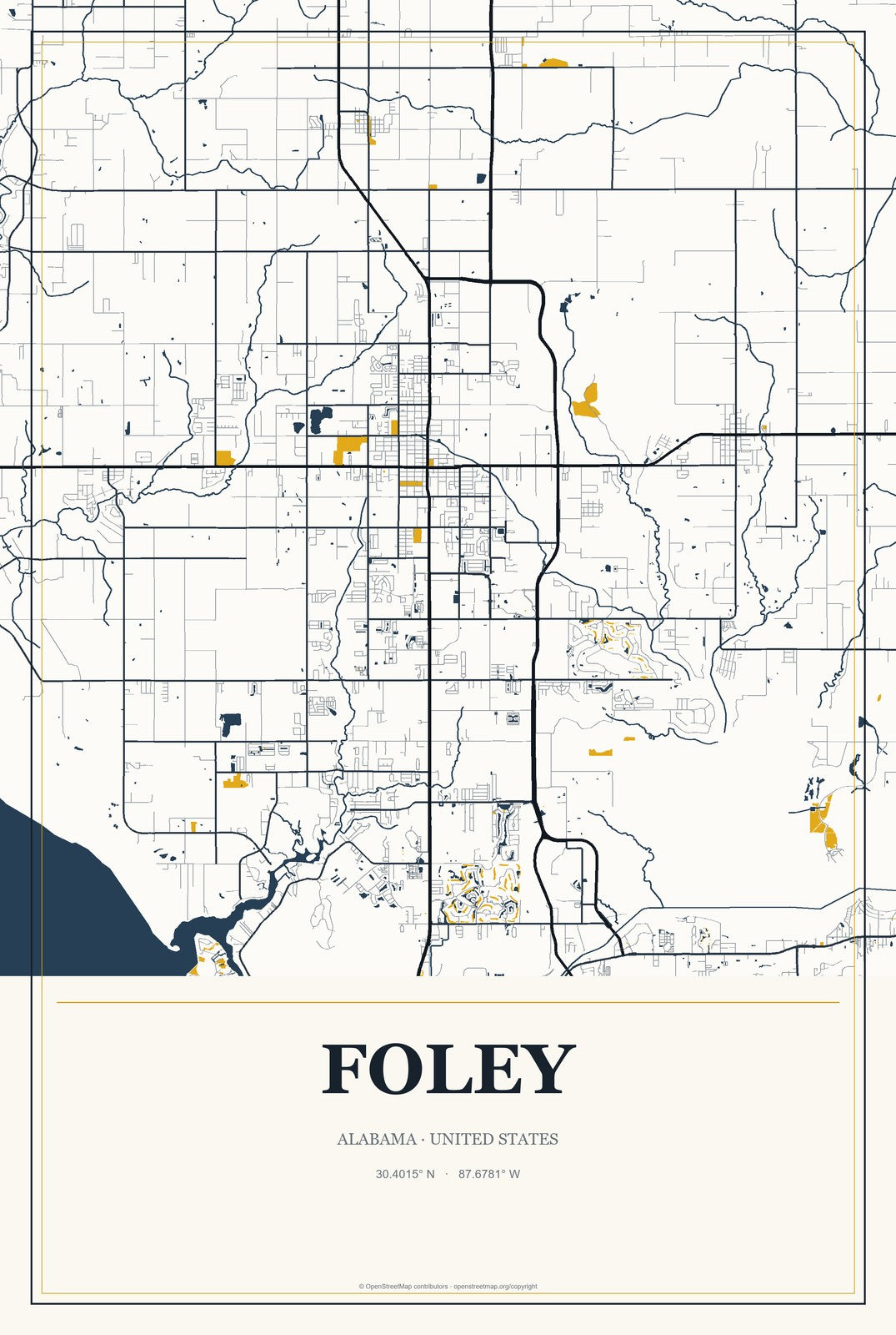 Foley, Alabama City Map Aluminum Sign in Citrine Modern style