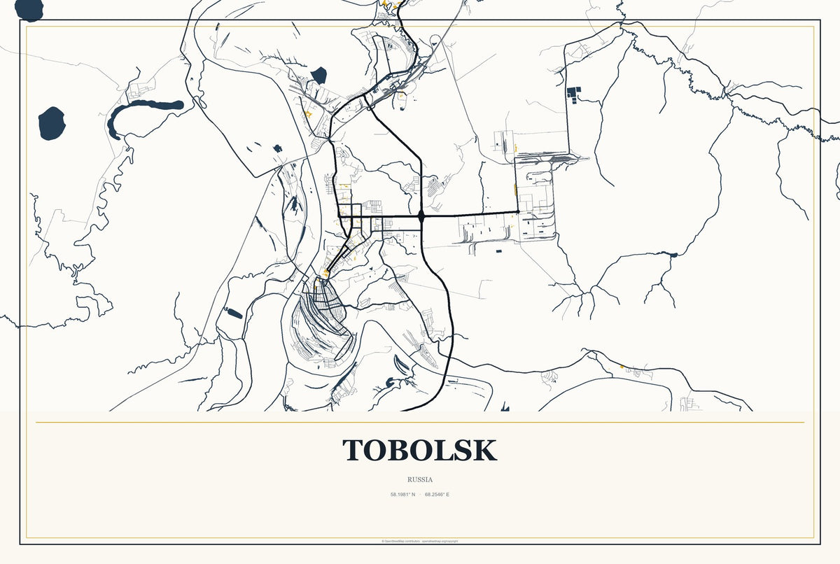 Tobolsk, Russia City Map Aluminum Sign in Citrine Modern style