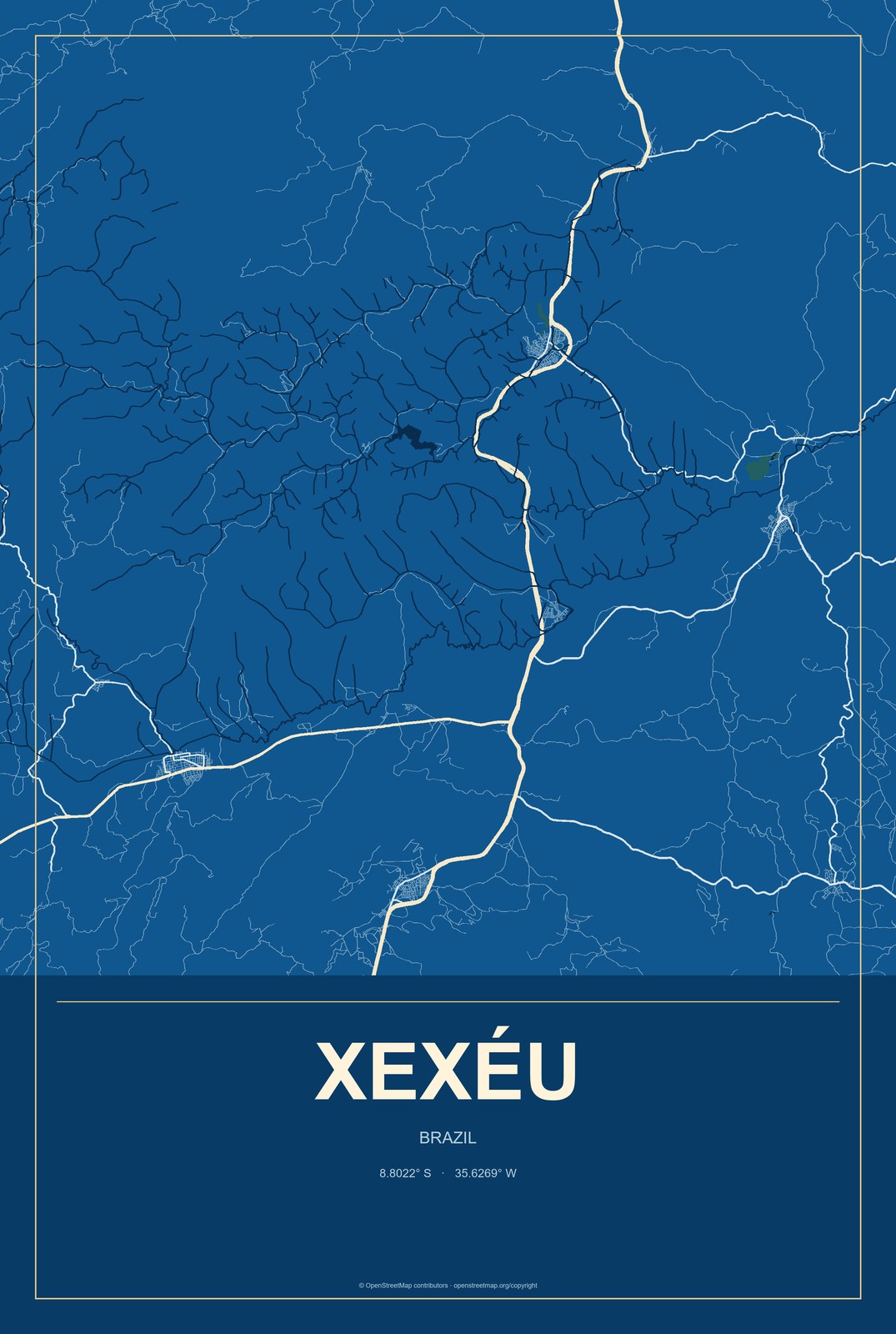 Xexéu, Brazil City Map Aluminum Sign in Harbor Cobalt style