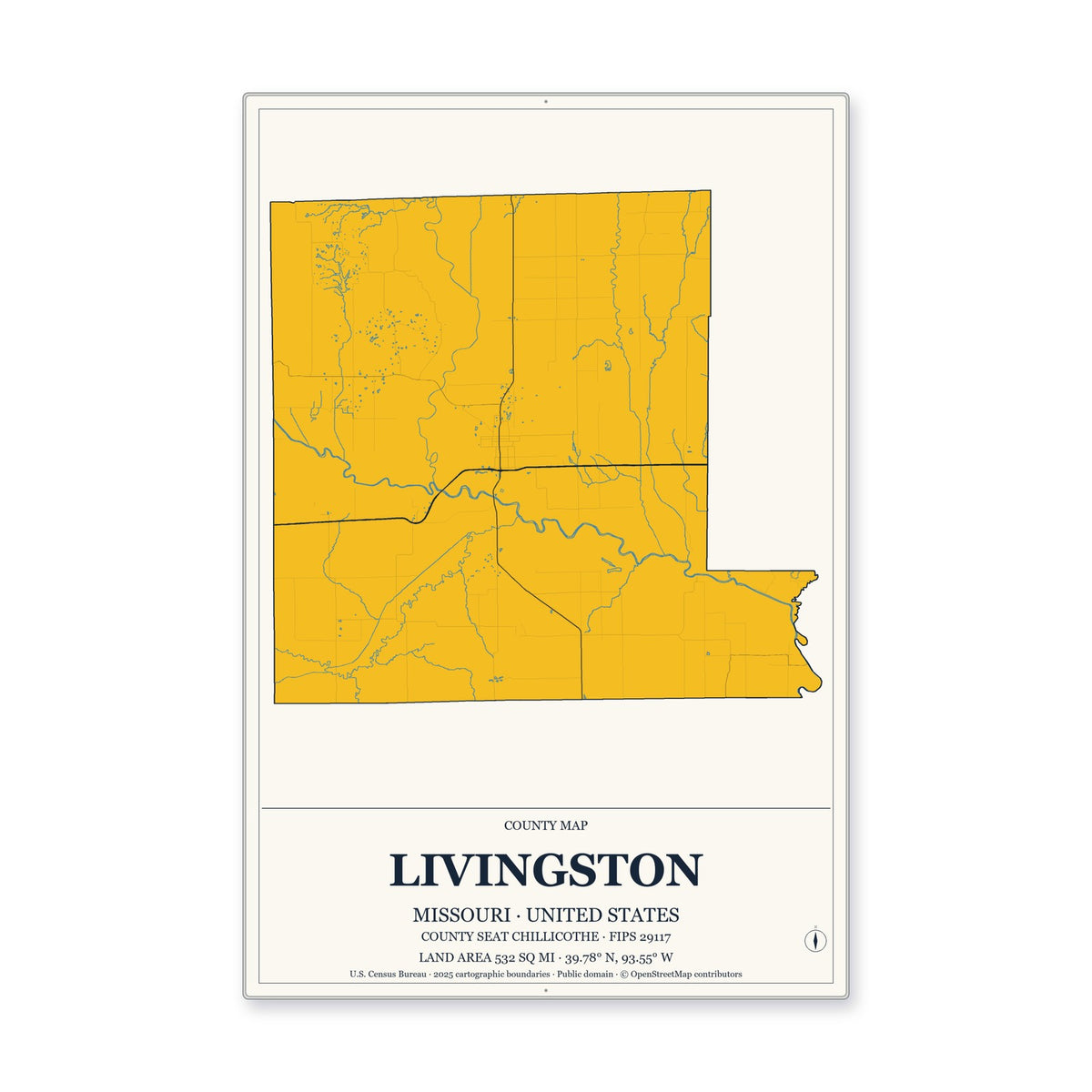 Livingston County, Missouri Map Aluminum Sign in Citrine Modern style