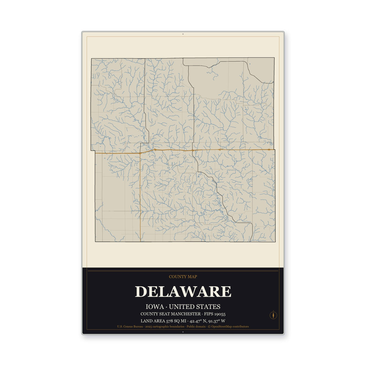 Delaware County, Iowa Map Aluminum Sign in Museum Plaque style