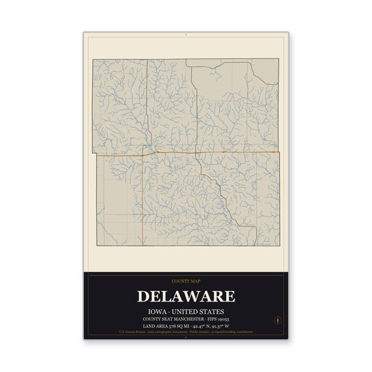Delaware County, Iowa Map Aluminum Sign in Museum Plaque style
