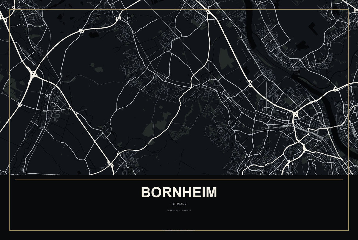 Bornheim, Germany City Map Aluminum Sign in Metropolitan Noir style