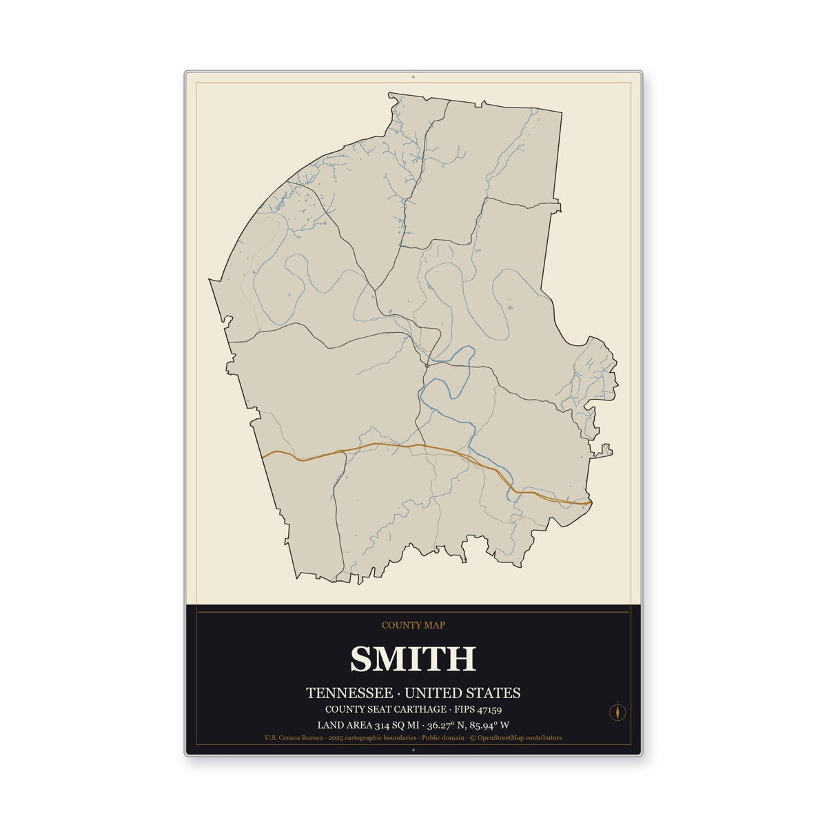 Smith County, Tennessee Map Aluminum Sign in Museum Plaque style